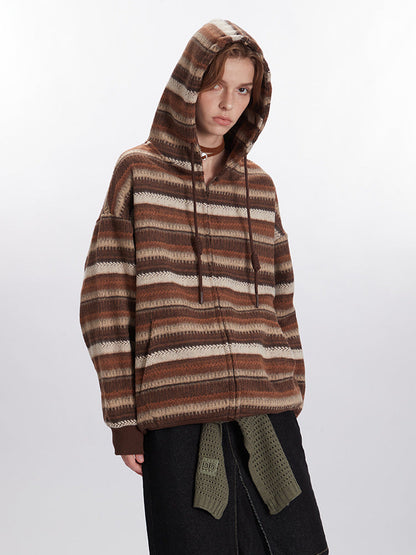 Cardydony Women's Vintage Striped Knitted Hooded Jacket