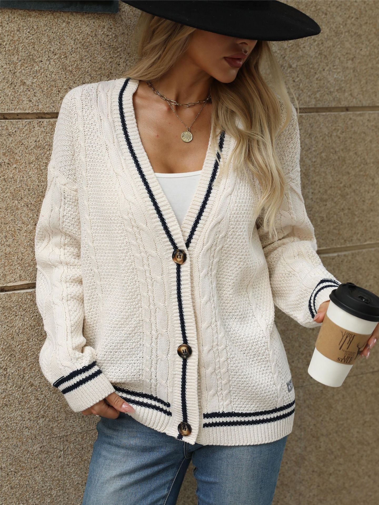 Cardydony Women's Classic Knitted V-Neck Cardigan with Subtle Contrast Details