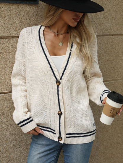 Cardydony Women's Classic Knitted V-Neck Cardigan with Subtle Contrast Details