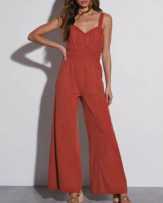 Cardydony Women's Smocked Wide Leg Jumpsuit | Sleeveless V-Neck Romper