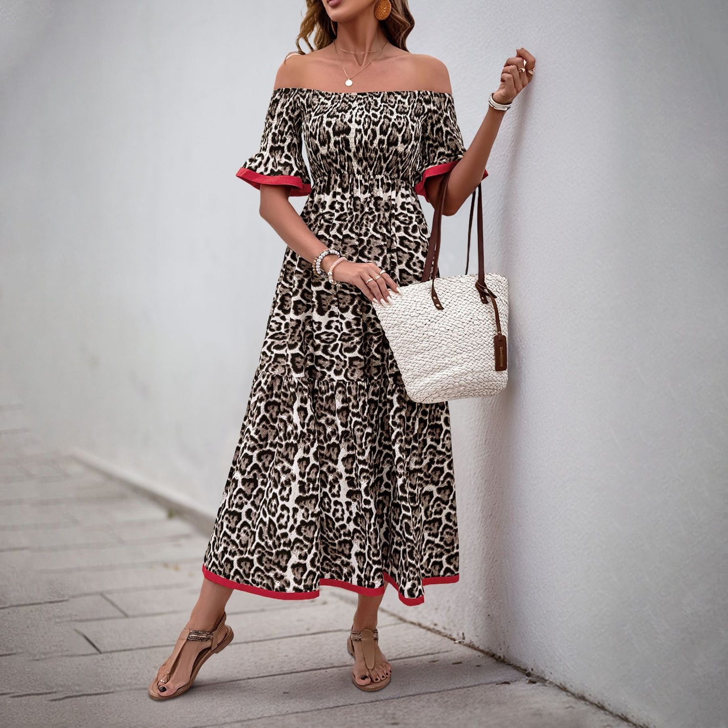 Cardydony Women's Leopard Print Off-Shoulder Maxi Dress | Smocked Boho Dress