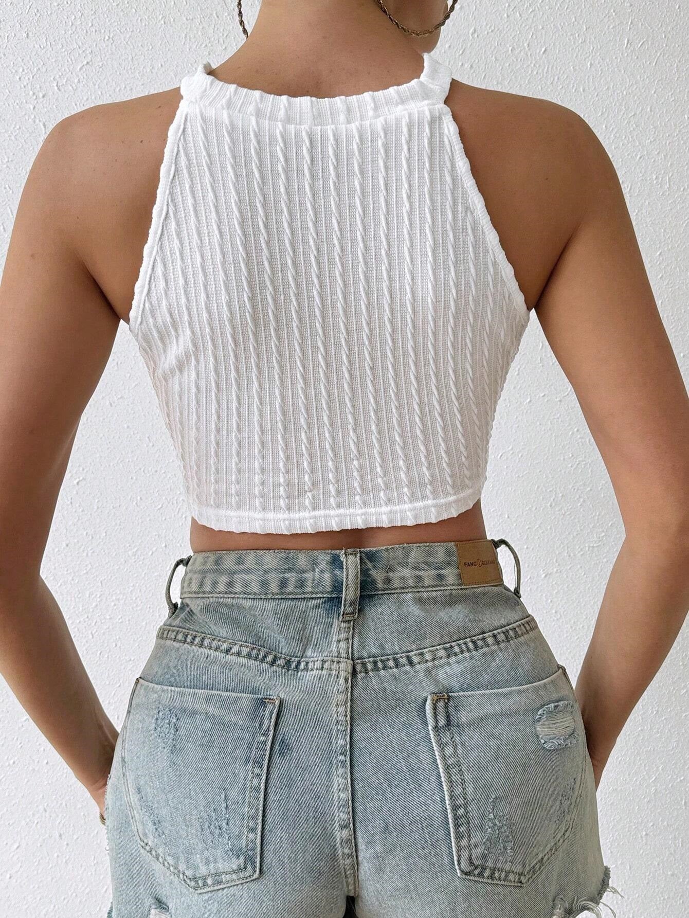 Cardydony Women's White & Black Boho Crop Top | Crochet Trim Halter Neck Top - Ribbed Summer Styles