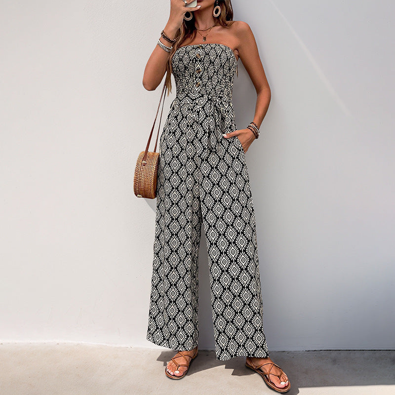 Cardydony Women's Strapless Wide-Leg Jumpsuit | Boho Smocked Summer Romper