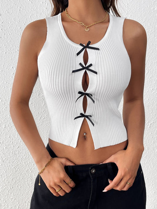 Cardydony Women's Bow Cutout Ribbed Tank Top | Slim Fit Sleeveless