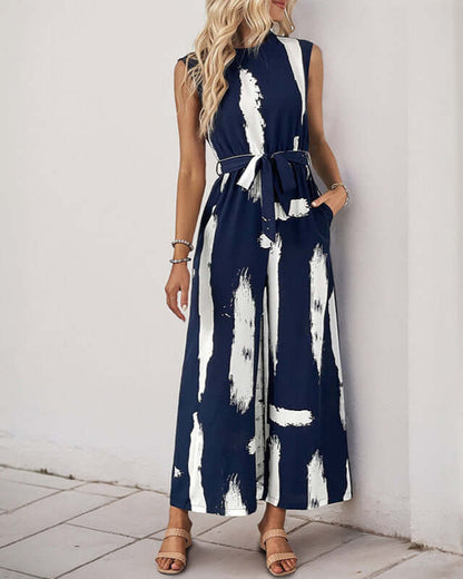 Cardydony Women's Brushstroke Print Belted Jumpsuit | Sleeveless Wide-Leg One-Piece