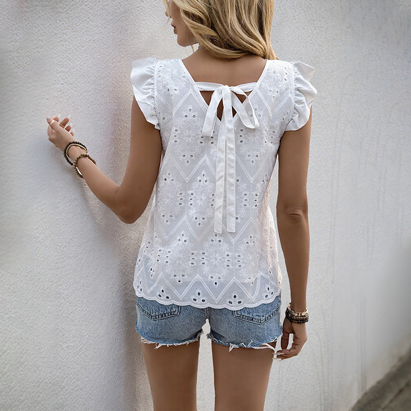 Cardydony Women's Eyelet Ruffle Sleeve Top | V-Neck Summer Blouse