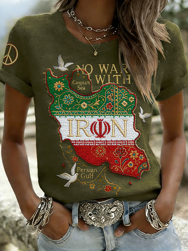 Cardydony Women's Boho Ethnic Floral Pattern No War With Iran Inspired T-shirt