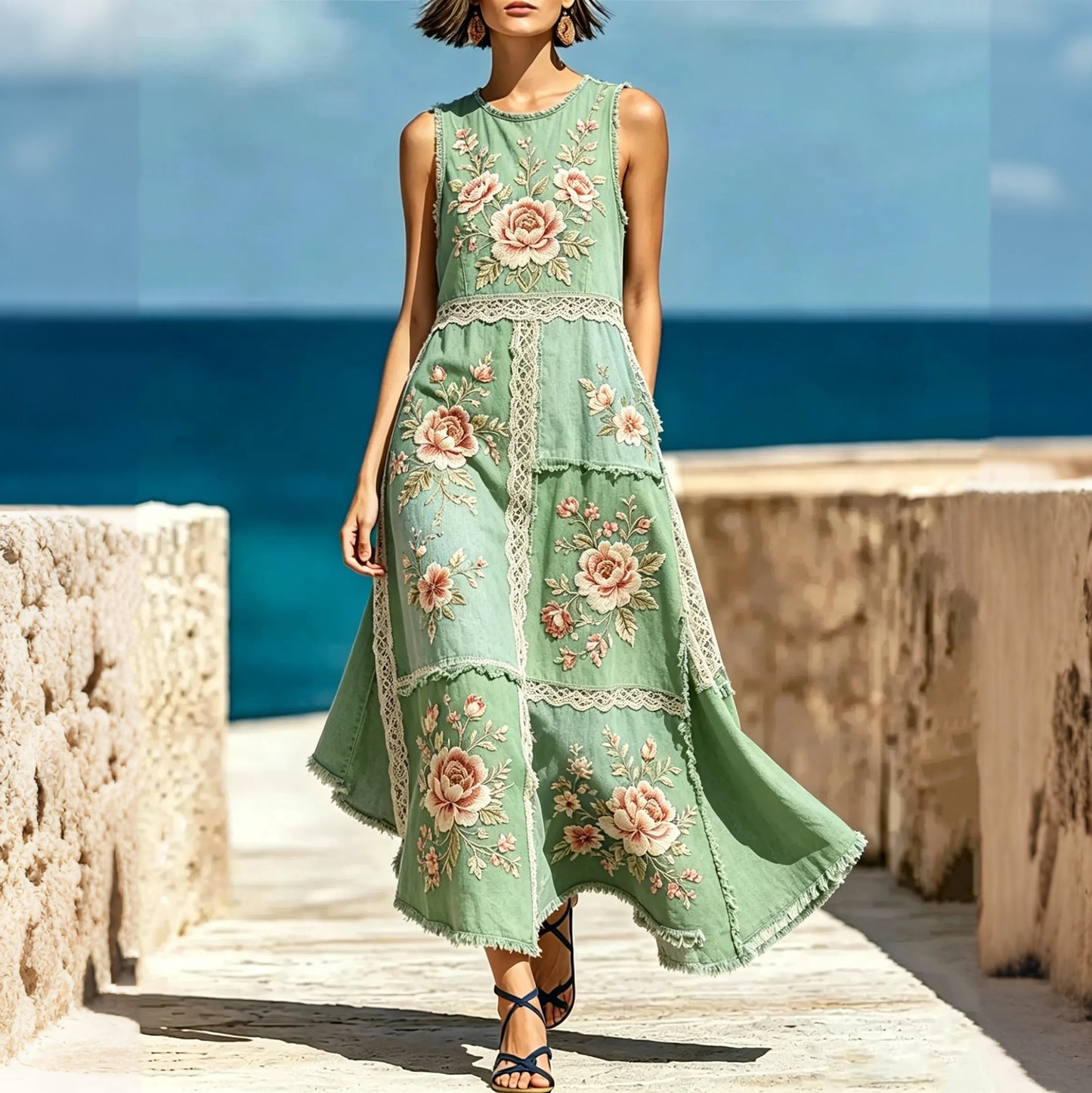 Cardydony Women's Lace Floral Patchwork Retro Cotton And Linen Vest Dress