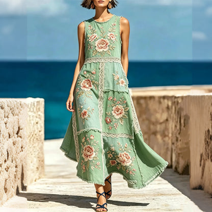 Cardydony Women's Lace Floral Patchwork Retro Cotton And Linen Vest Dress