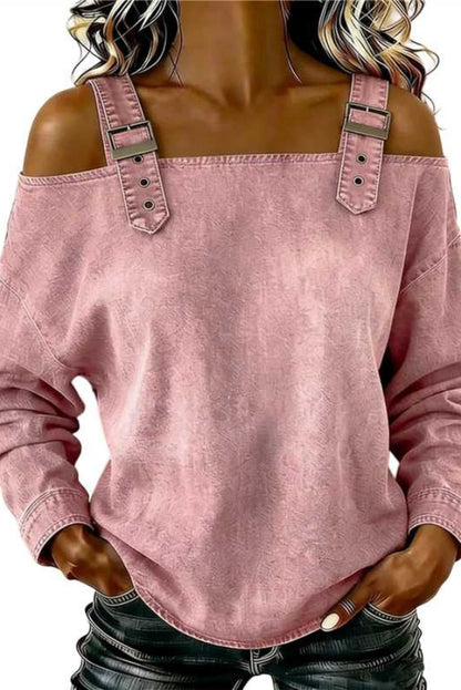 Cardydony Women's  Fashionable Faux Denim Off-shoulder Long-sleeved Loose Top
