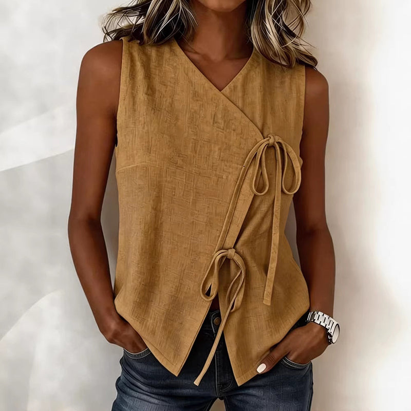 Cardydony Women's Fashionable Solid Color Sleeveless Linen Blend Vest