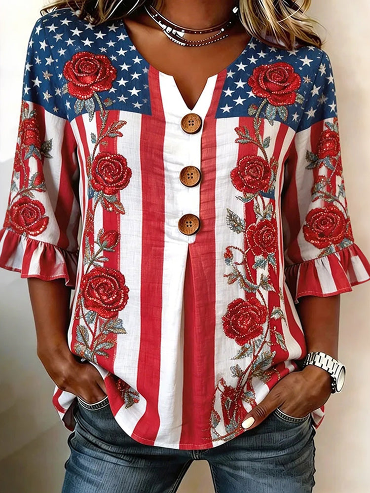 Cardydony Women's Casual American Flag Floral Design Short-sleeve T-shirt