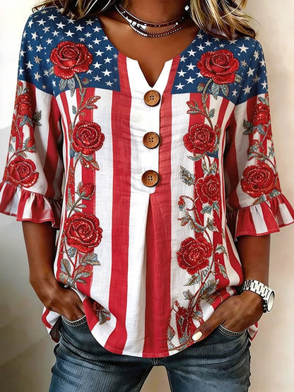Cardydony Women's Casual American Flag Floral Design Short-sleeve T-shirt