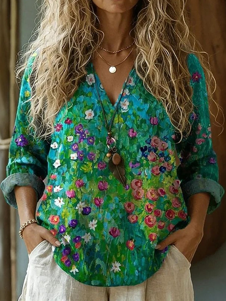 Cardydony Women's Vintage Floral Art Pattern Linen Blend V-neck T-shirt