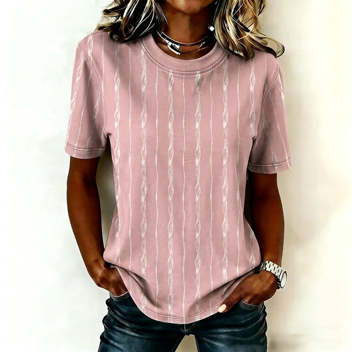 Cardydony Women's Simple Striped Art Print Casual Crew Neck T-shirt
