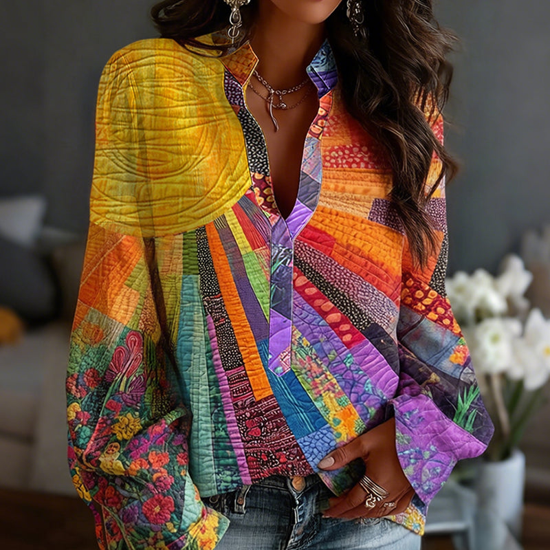 Cardydony Women's Floral In Gradient Art Print Flowy Linen Blend Tops