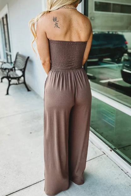 Cardydony Women's Solid Color Sleeveless Off-shoulder Pleated Loose Pocket Casual Wide-leg Jumpsuit