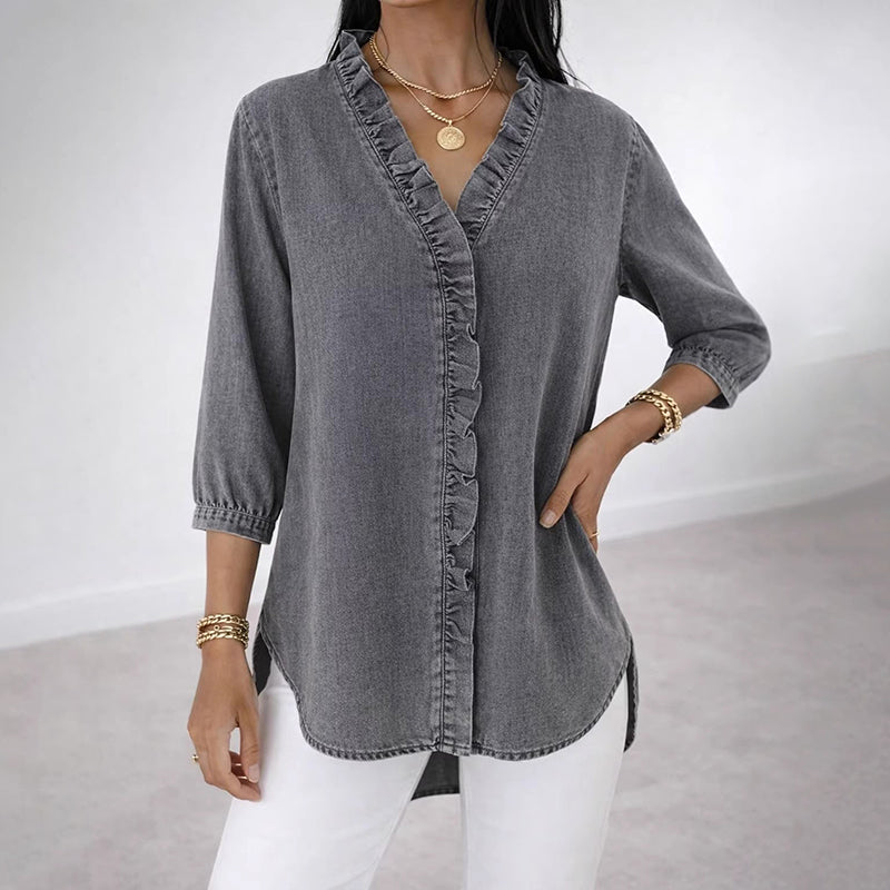 Cardydony Women's Casual Imitation Denim V-neck Ruffle Shirt