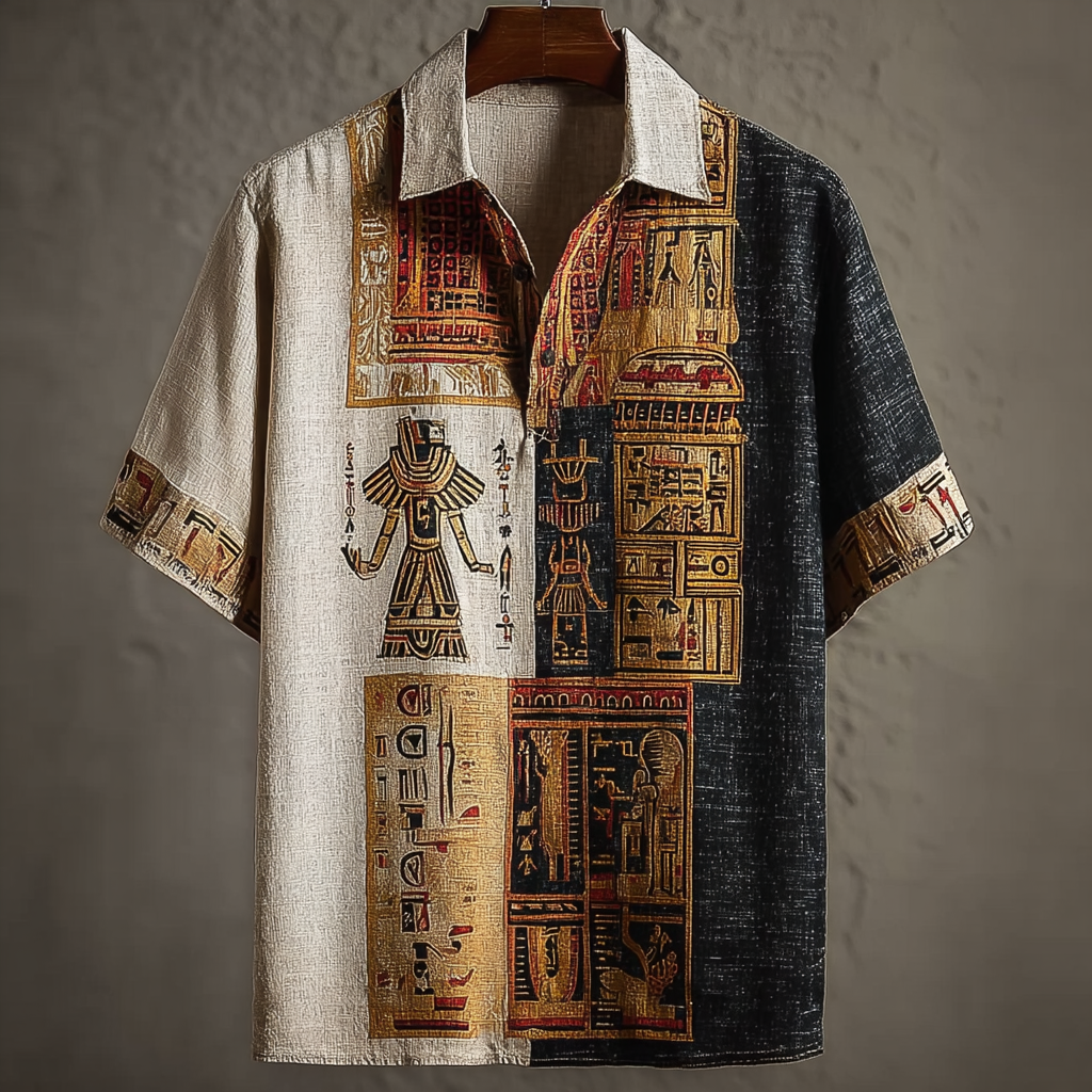 Cardydony Men's Egyptian Tribal Pattern Retro Linen Short-sleeve Shirt