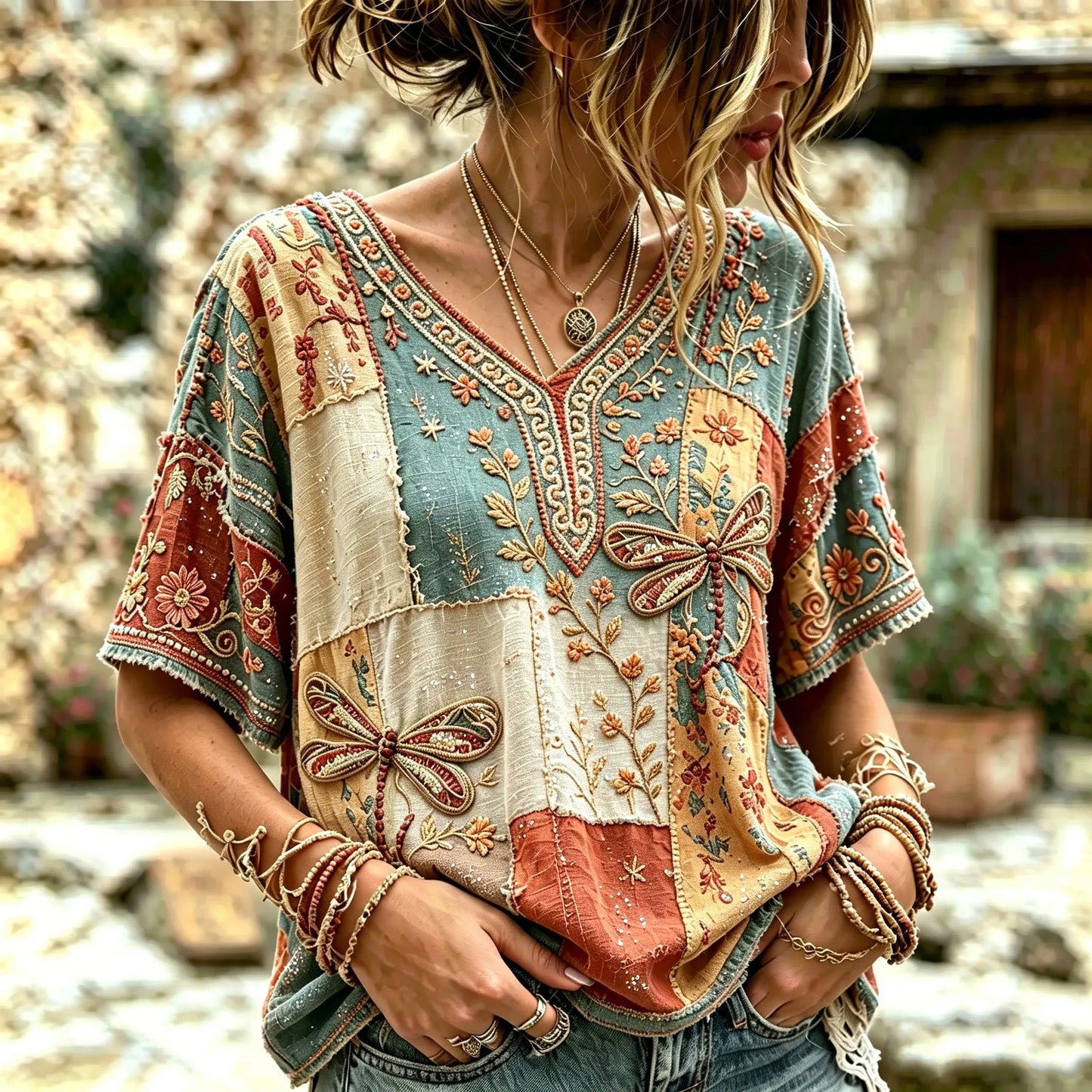 Cardydony Women's Retro Bohemian Hippie Style Floral Dragonfly Embroidered Patchwork Print Short-sleeve V-neck Top
