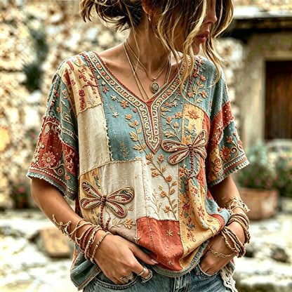 Cardydony Women's Retro Bohemian Hippie Style Floral Dragonfly Embroidered Patchwork Print Short-sleeve V-neck Top