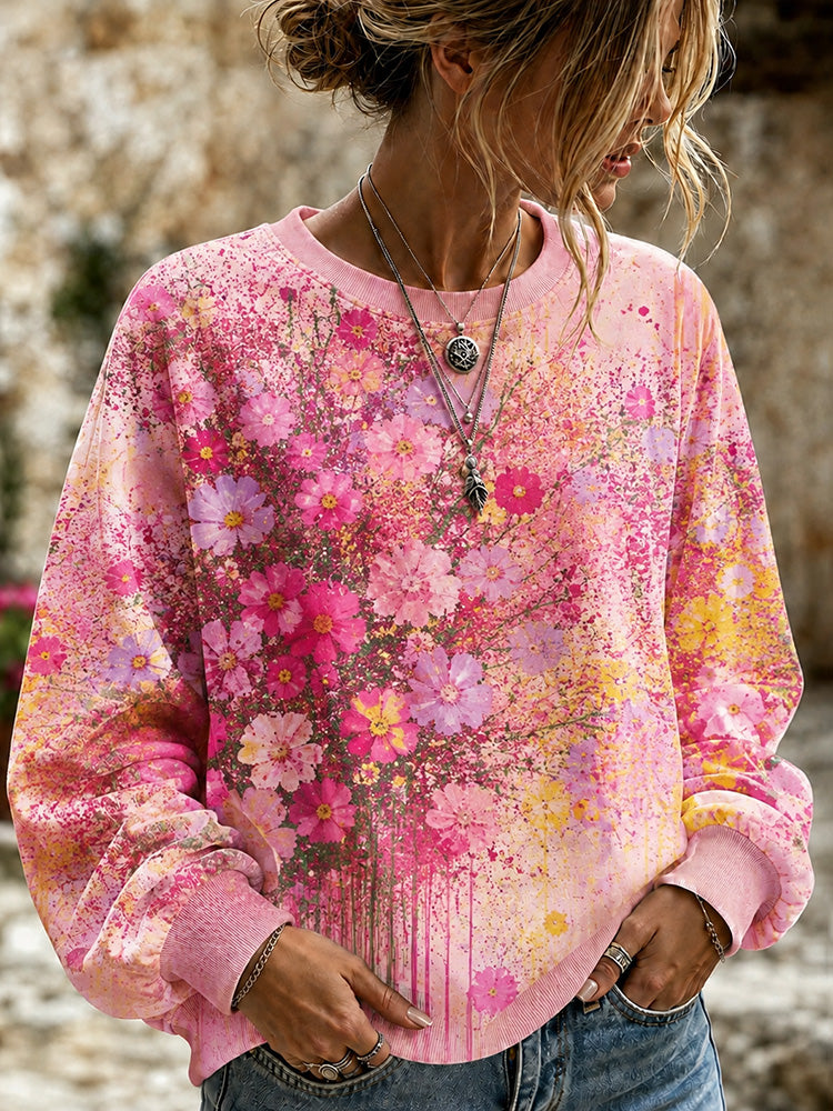 Cardydony Women's Vintage Pink Floral Art Print Casual Long Sleeve Sweatshirt