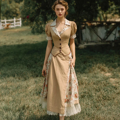 Cardydony French Country Style Patchwork Design Linen Suit