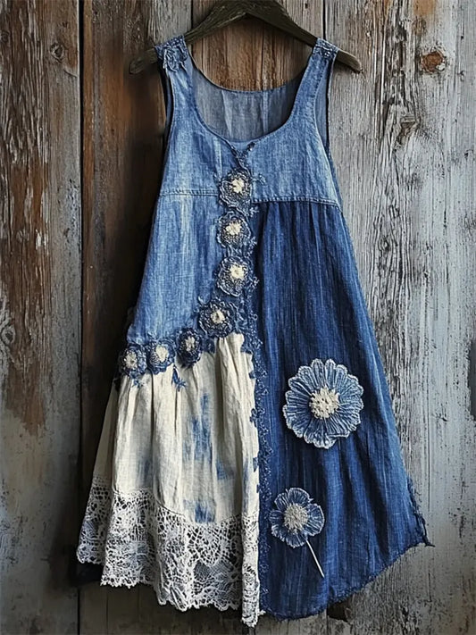 Cardydony Floral Denim Textile Lace Hem Patchwork Tank Dress