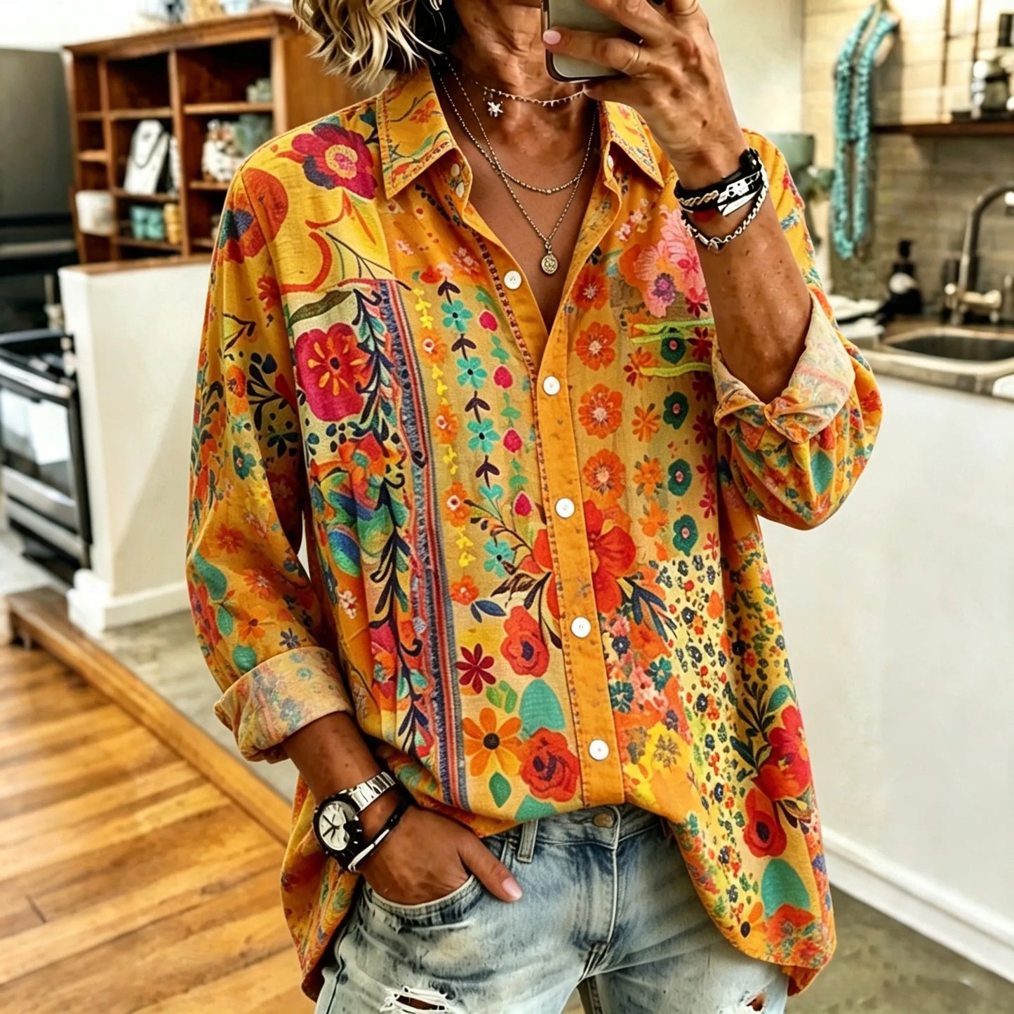 Cardydony Women's Abstract Hippie Colorful Bohemian Floral Art Print Flowy Linen Blend Long Sleeve Shirts