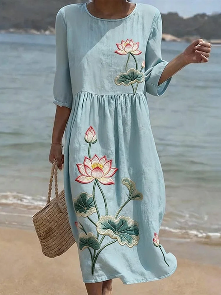 Cardydony Vintage Floral Lotus Art Pattern Linen Blend Loose Three-quarter Sleeve Dress