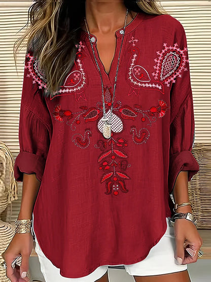 Cardydony Women's Vintage Ethnic Kutch Embroidery With Flowers And Birds V-neck Shirt