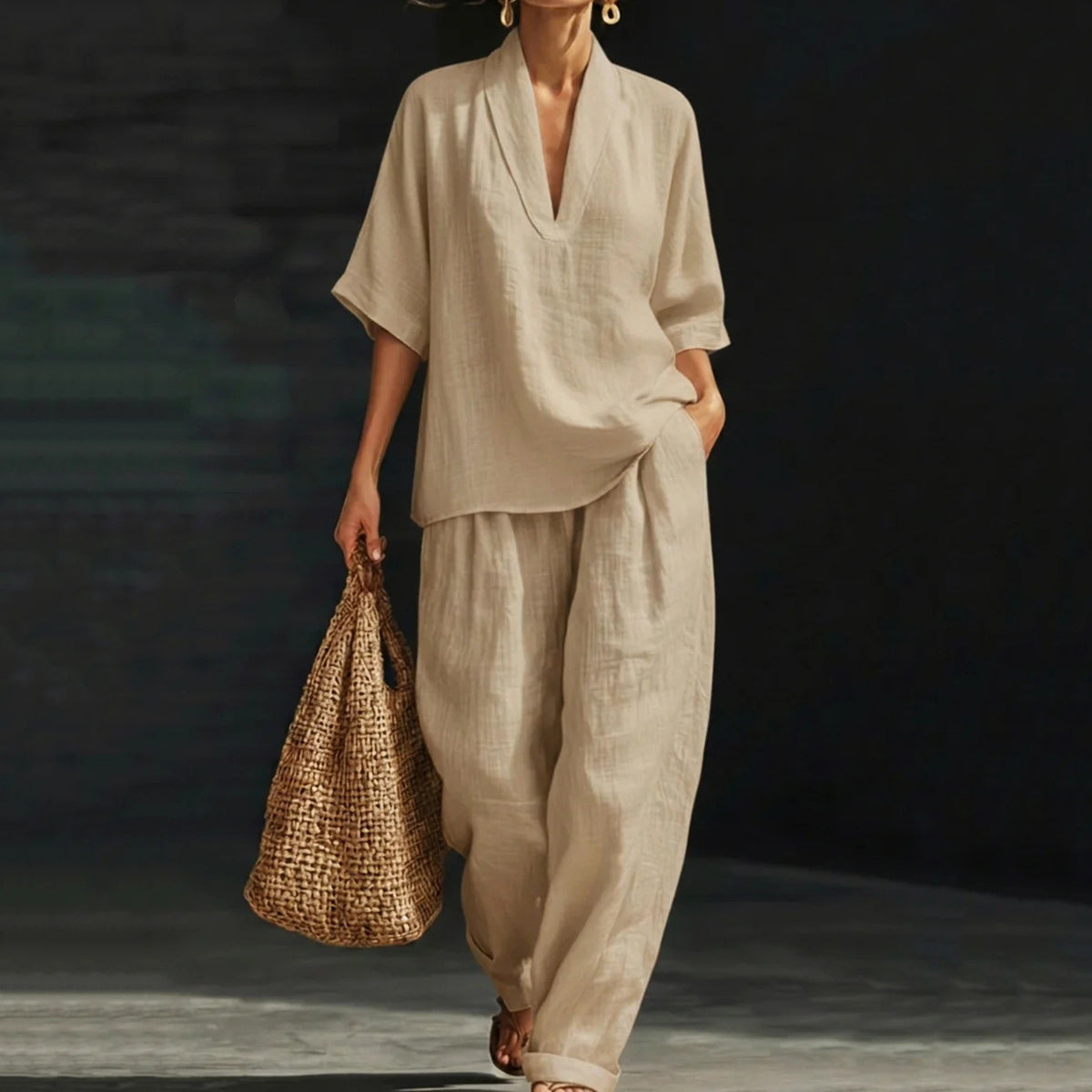 Cardydony Women's Casual Cozy Minimalist Linen Two-piece Set