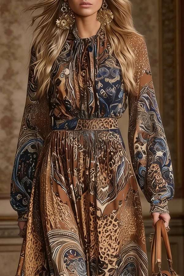 Cardydony Women's  Bohemian Style Unique Printed Long-sleeved Fitted Waist Vacation Maxi Dress