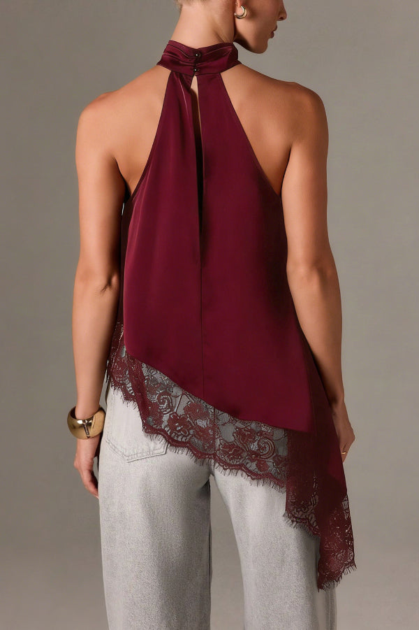 Cardydony Women's Solid Color Satin Sleeveless Lace Hem Loose Top