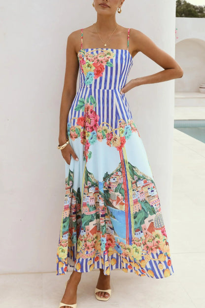 Cardydony Women's Unique Printed Spaghetti Strap Square Neck Casual Holiday Maxi Dress