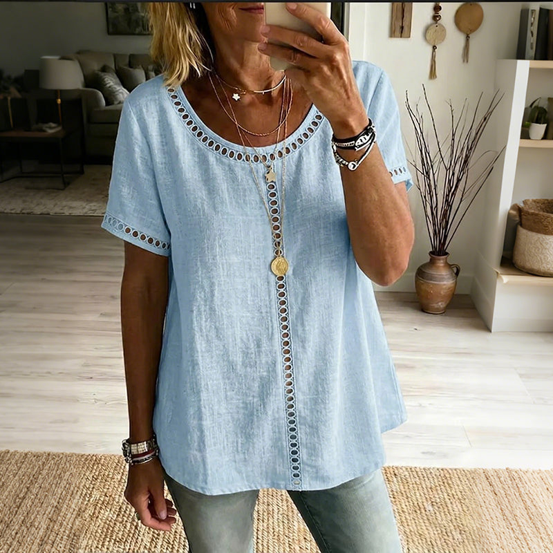 Cardydony Women's Vintage Hollow-out Design Cotton Linen Shirt