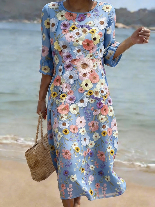 Cardydony Vintage Floral Art Pattern Linen Blend Loose Three-quarter Sleeve Dress