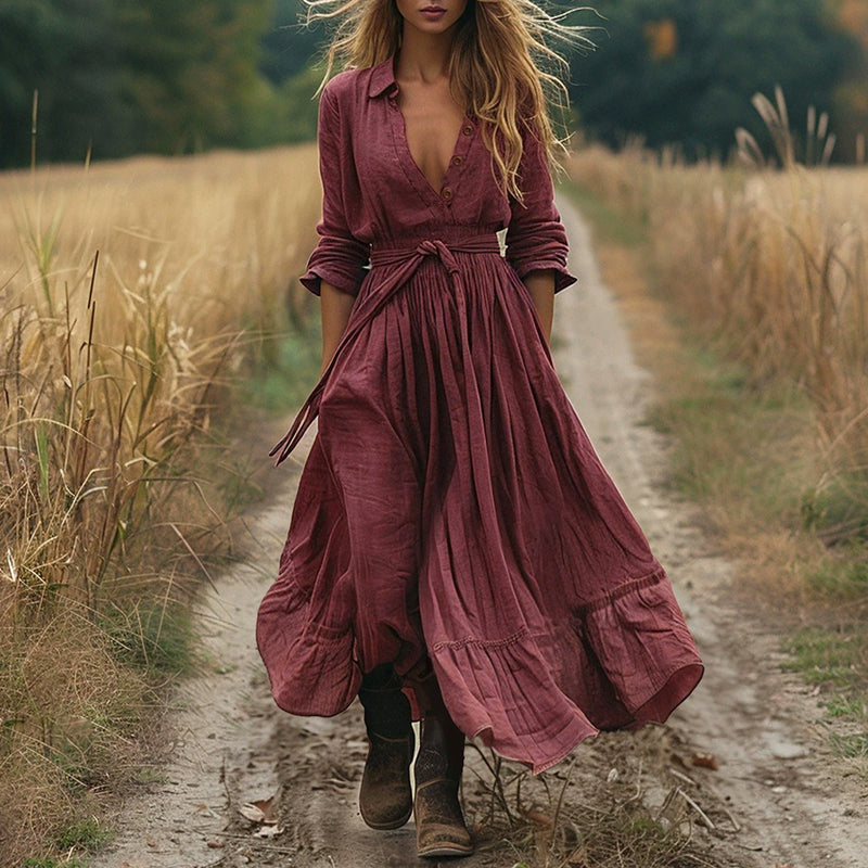 Cardydony Women's Boho Solid Color Buttons Linen Blend Maxi Dress