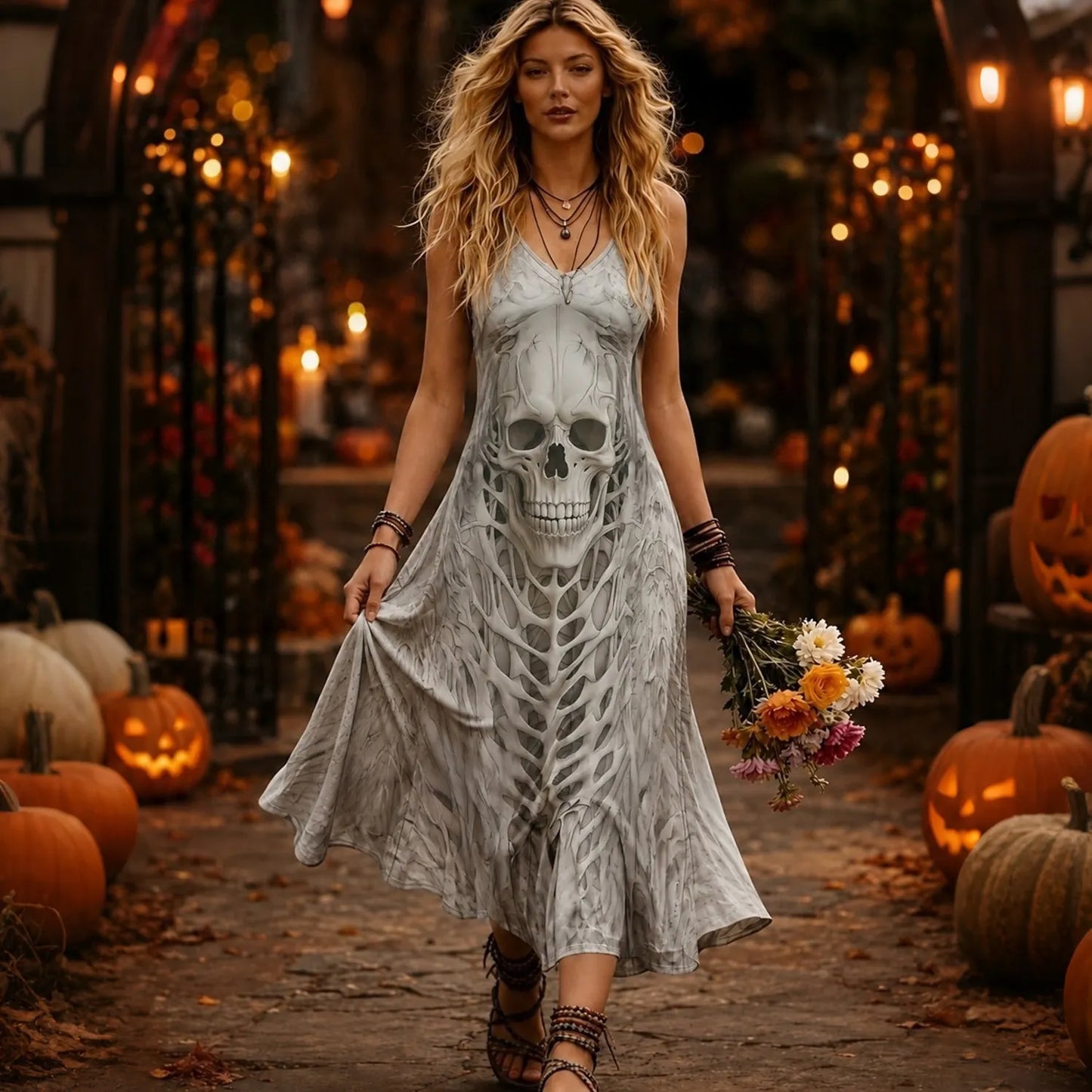 Cardydony Women's Retro Skull Art 3d Printing Halloween Sleeveless Dress