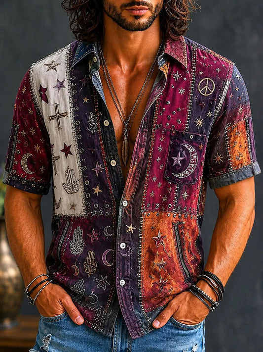 Cardydony Men's Retro Hippie Moon Peace Contrast Art Patchwork Print Shirt