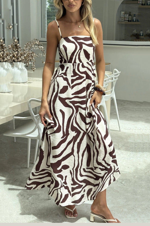 Cardydony Women's  Zebra Print Sleeveless Spaghetti Strap High-waisted Vacation Maxi Dress
