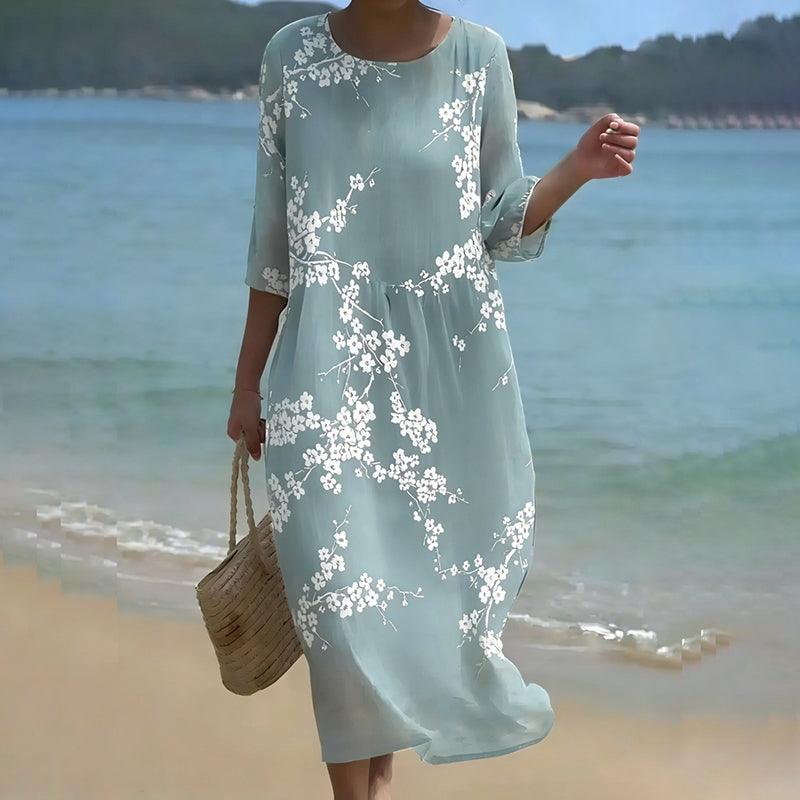 Cardydony Vintage Floral Art Linen Blend Loose Linen Dress