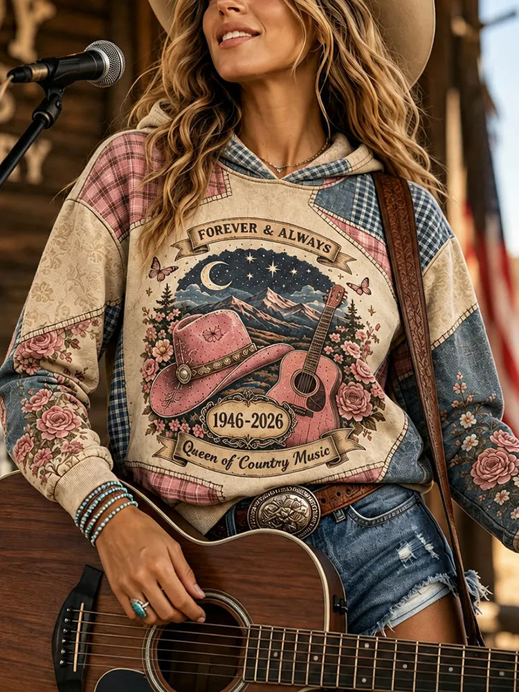 Cardydony Women's Vintage Queen Of Country Music Forever And Always Memorial Art Print Round Neck Hoodie