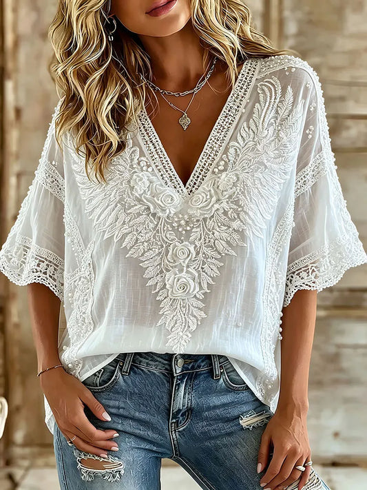 Cardydony Women's Retro Floral Art Embroidery Casual V Neck T-shirt