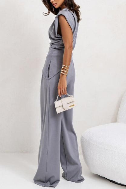 Cardydony Women's Jordy Ruched Shoulder Slit Top and Elastic Waist Pocketed Wide Leg Pants Set