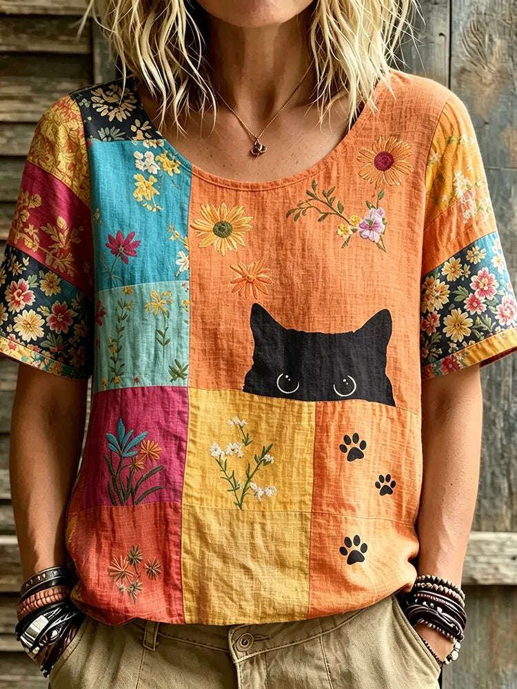 Cardydony Women's Hippie Black Cat Art Print Linen Blend Round Neck Tshirt