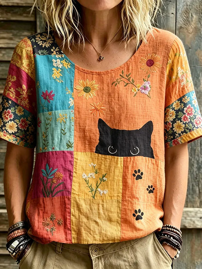 Cardydony Women's Hippie Black Cat Art Print Linen Blend Round Neck Tshirt