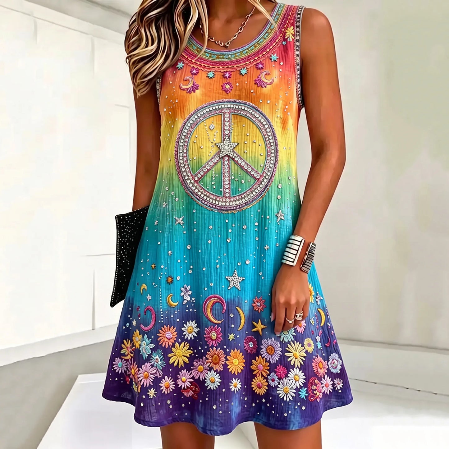 Cardydony Women's Retro Hippie Floral Art Linen Blend Crew Neck Midi Tank Dress