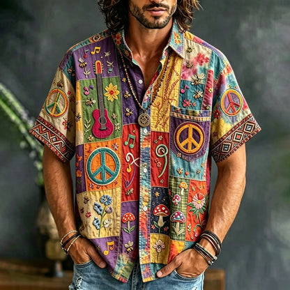 Cardydony Men's Peace Sign And Guitar Hippie Patchwork Print Casual Shirt