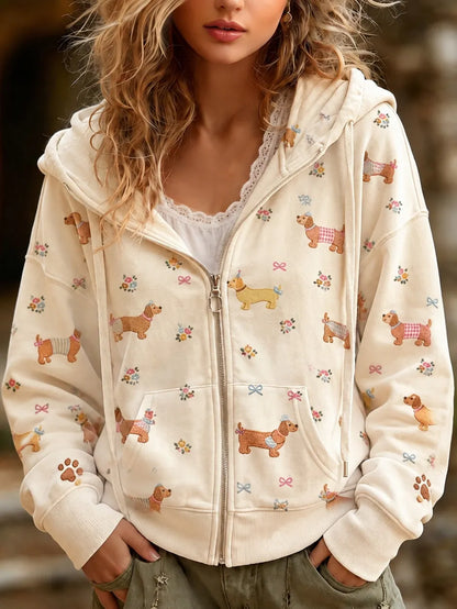 Cardydony Women's Cute Dog And Floral Print Casual Zip Up Hoodie